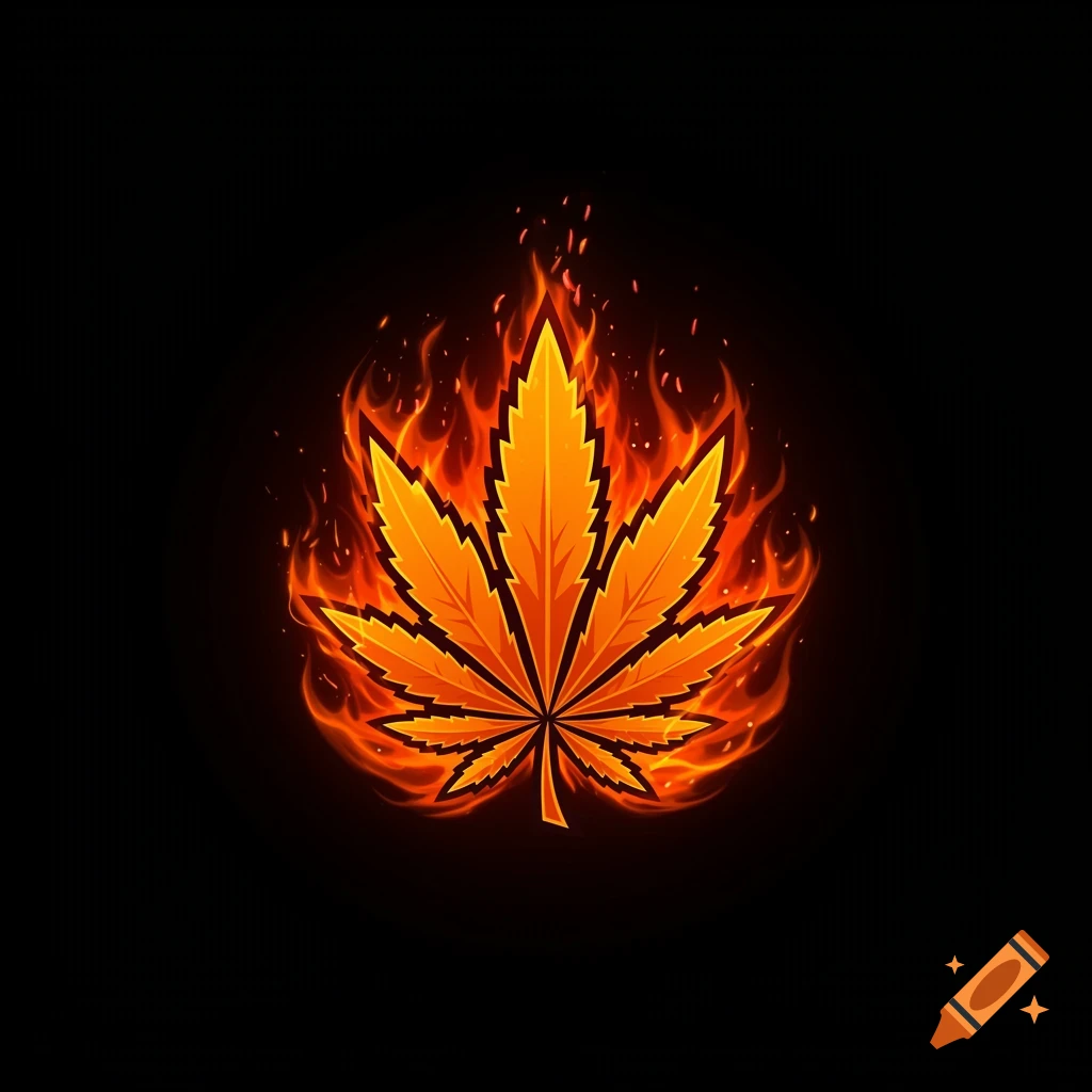 Stylized logo of a burning marijuana leaf against a black background