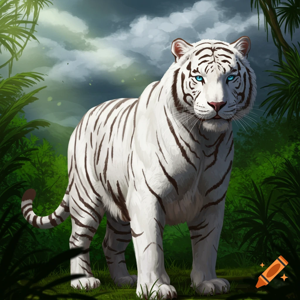 A white tiger standing in a jungle.