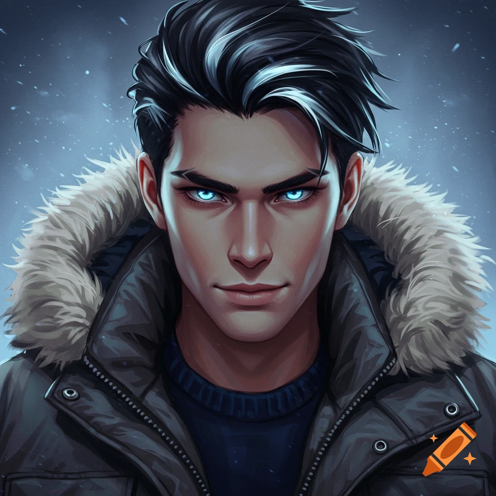 Portrait of a young man with icy blue eyes in a winter jacket.