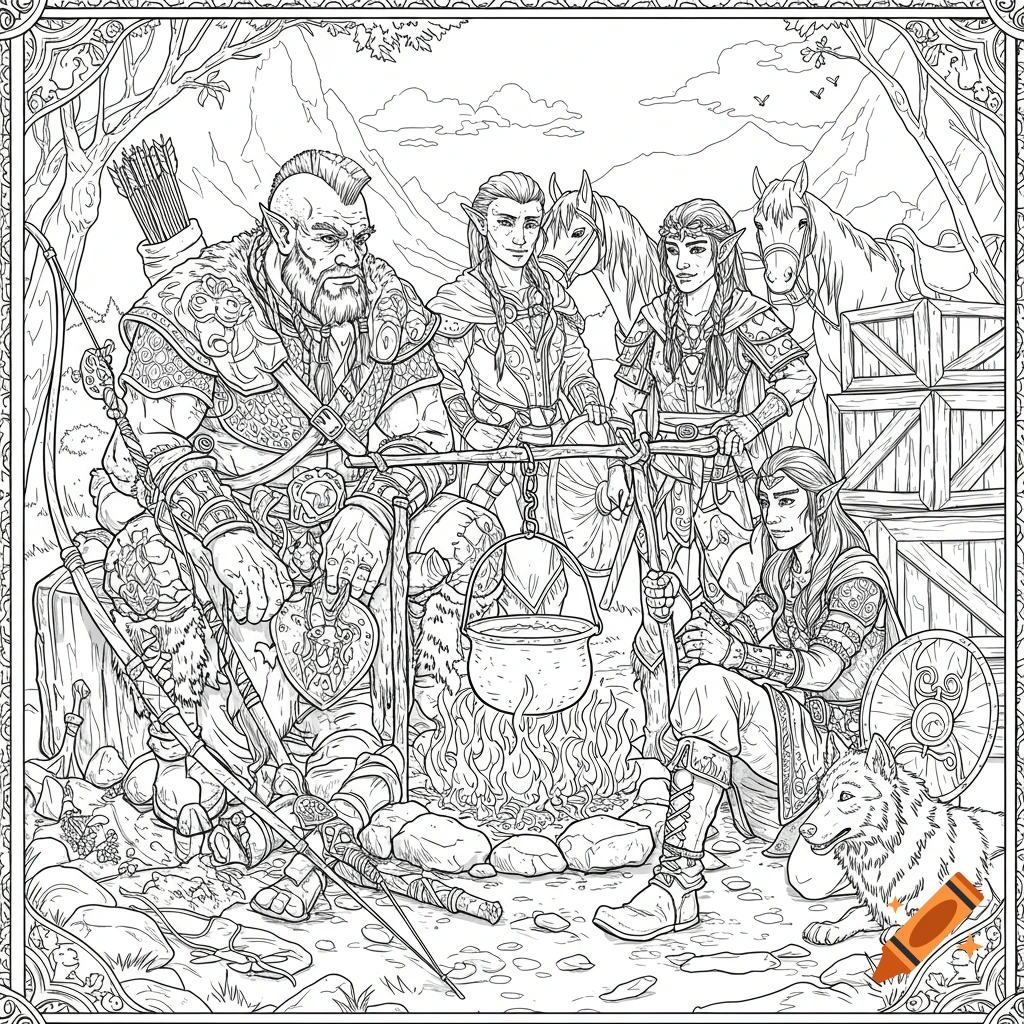 Line art drawing of fantasy characters and a wolf-dog around a campfire with horses in the background.