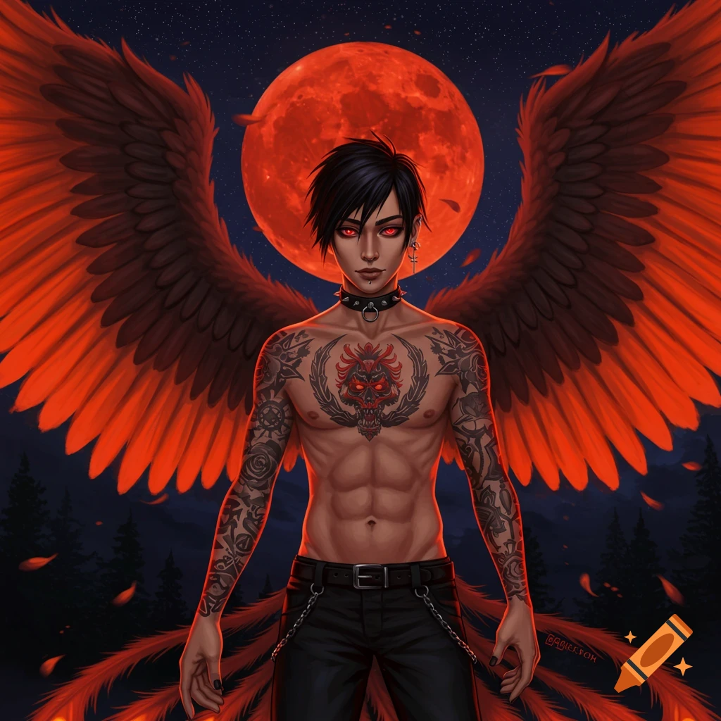 Image of a male character with large red phoenix wings and tattoos under a blood moon.