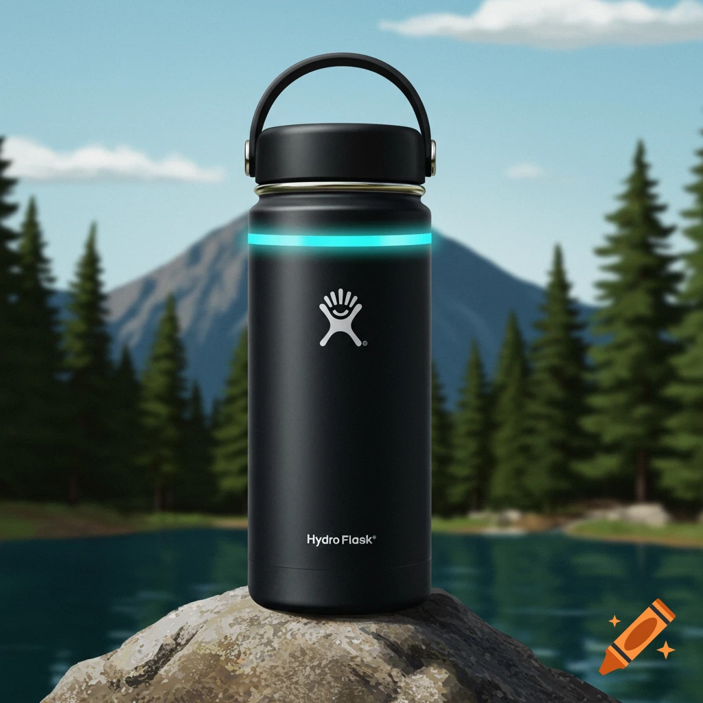 Black water bottle with a glowing blue ring on a rock by a lake and forest with a mountain background.