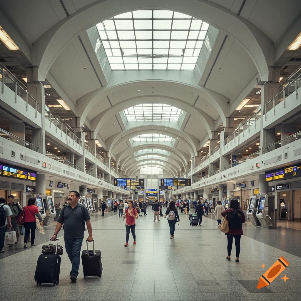 People walking through a large, modern airport terminal with skylights.