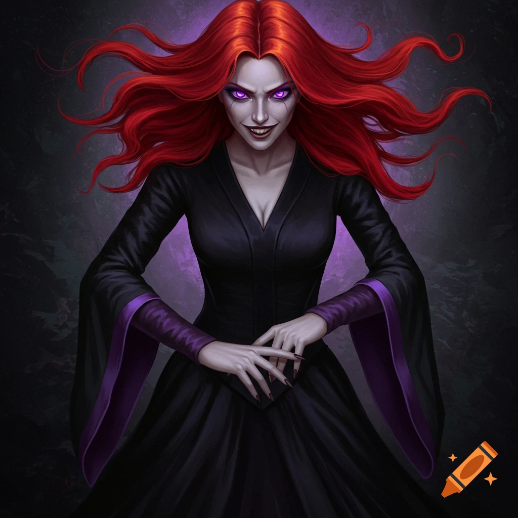 A scary red-haired woman with purple eyes wearing a black dress
