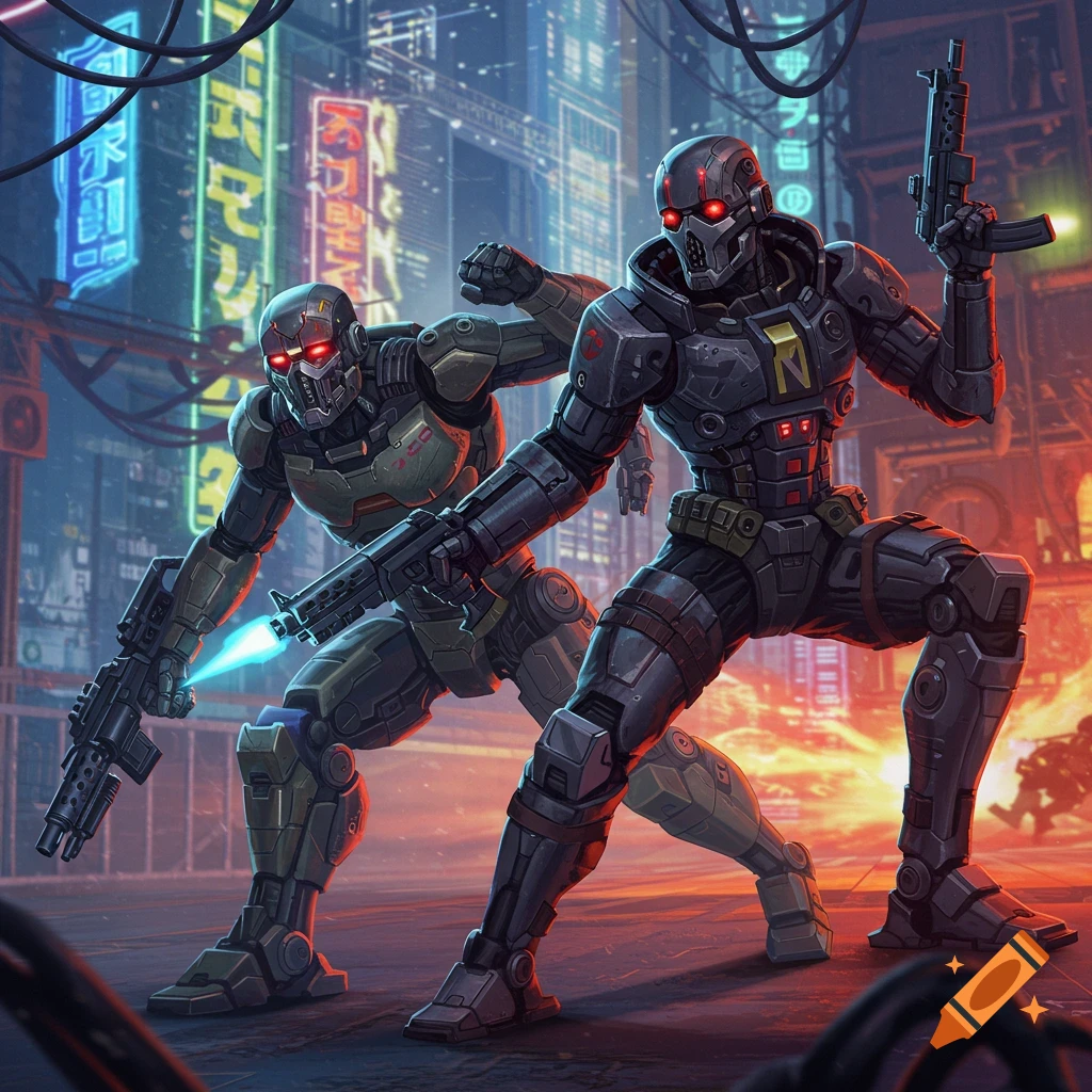 Two armored figures with glowing red eyes hold guns in a neon-lit cyberpunk city.