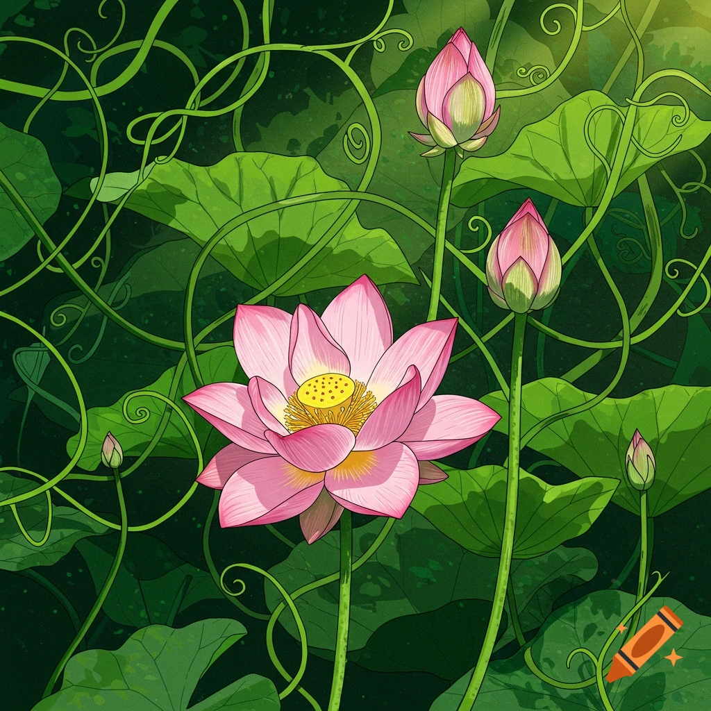 Pink lotus flowers, buds, leaves, and vines.