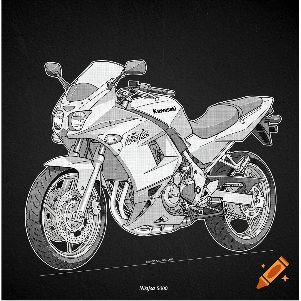 Black and white line drawing of a Kawasaki Ninja 500 motorcycle.
