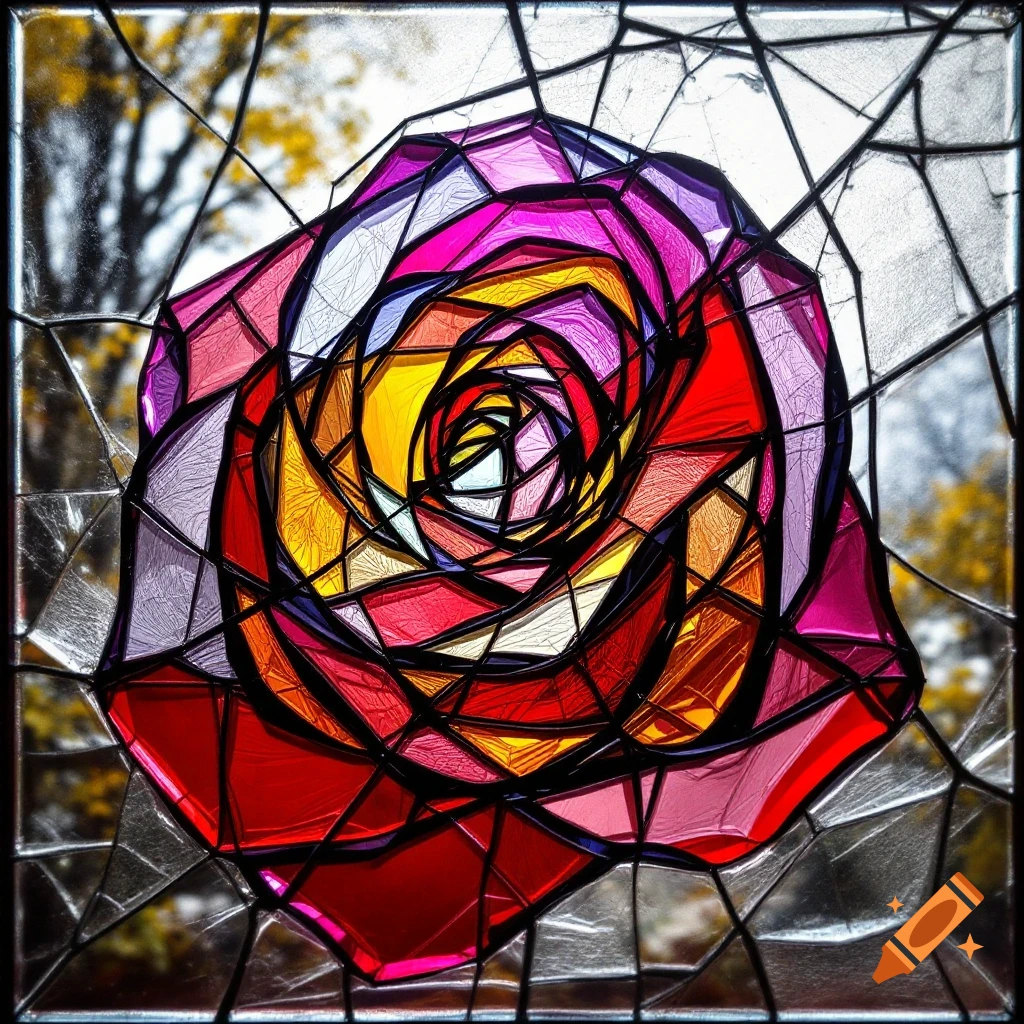 A colorful stained glass rose against a blurred background.