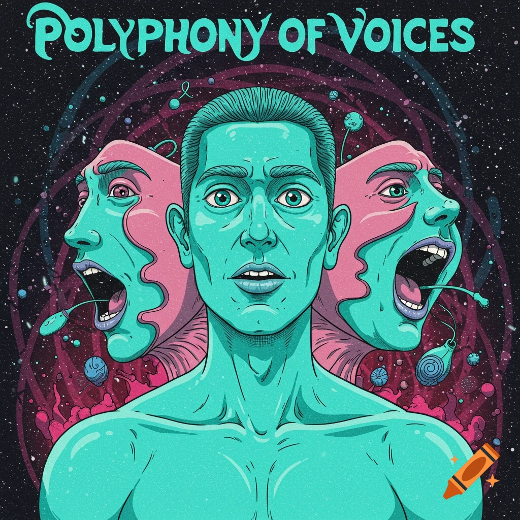 Illustration of a figure with multiple faces against a starry space background with text 'POLYPHONY OF VOICES'.