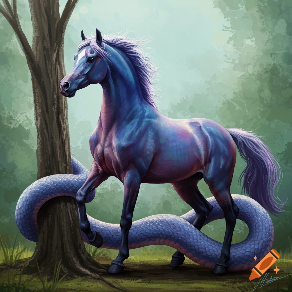 A blue and purple horse-snake hybrid wrapped around a tree in a forest.