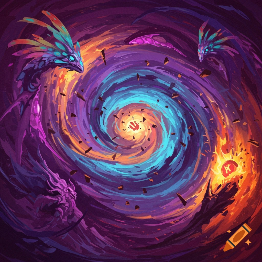 Stylized dragons surrounding a swirling vortex of colorful magic and debris.
