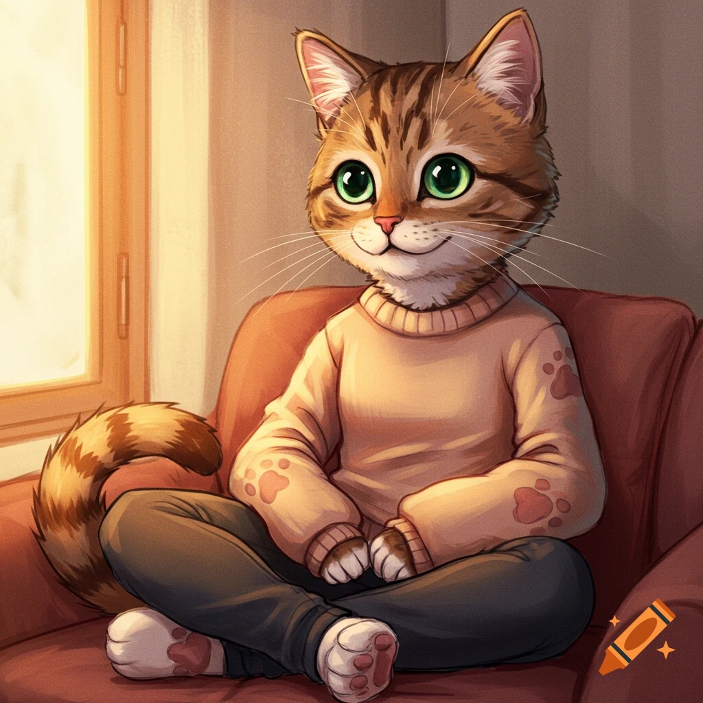 An anthropomorphic cat wearing a sweater and pants sits on a chair.