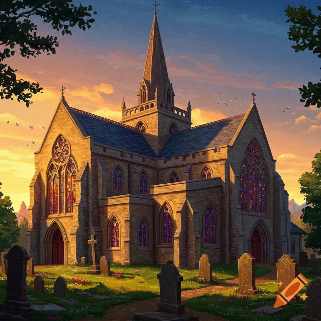 A church and graveyard at sunset