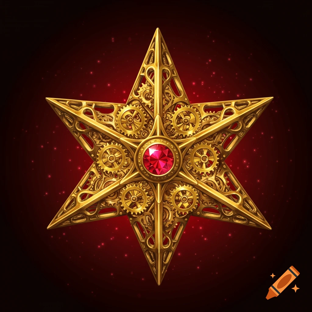 A golden six-pointed clockwork star filled with gears, featuring a red gem in the center, on a dark red background with sparkles.