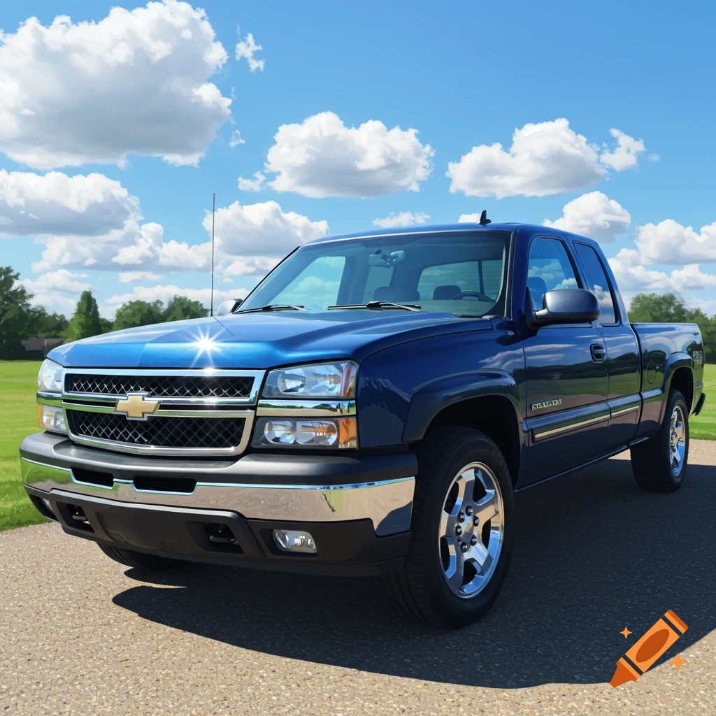 A blue Chevy Silverado pickup truck sits on a road in a grassy field under a cloudy sky.