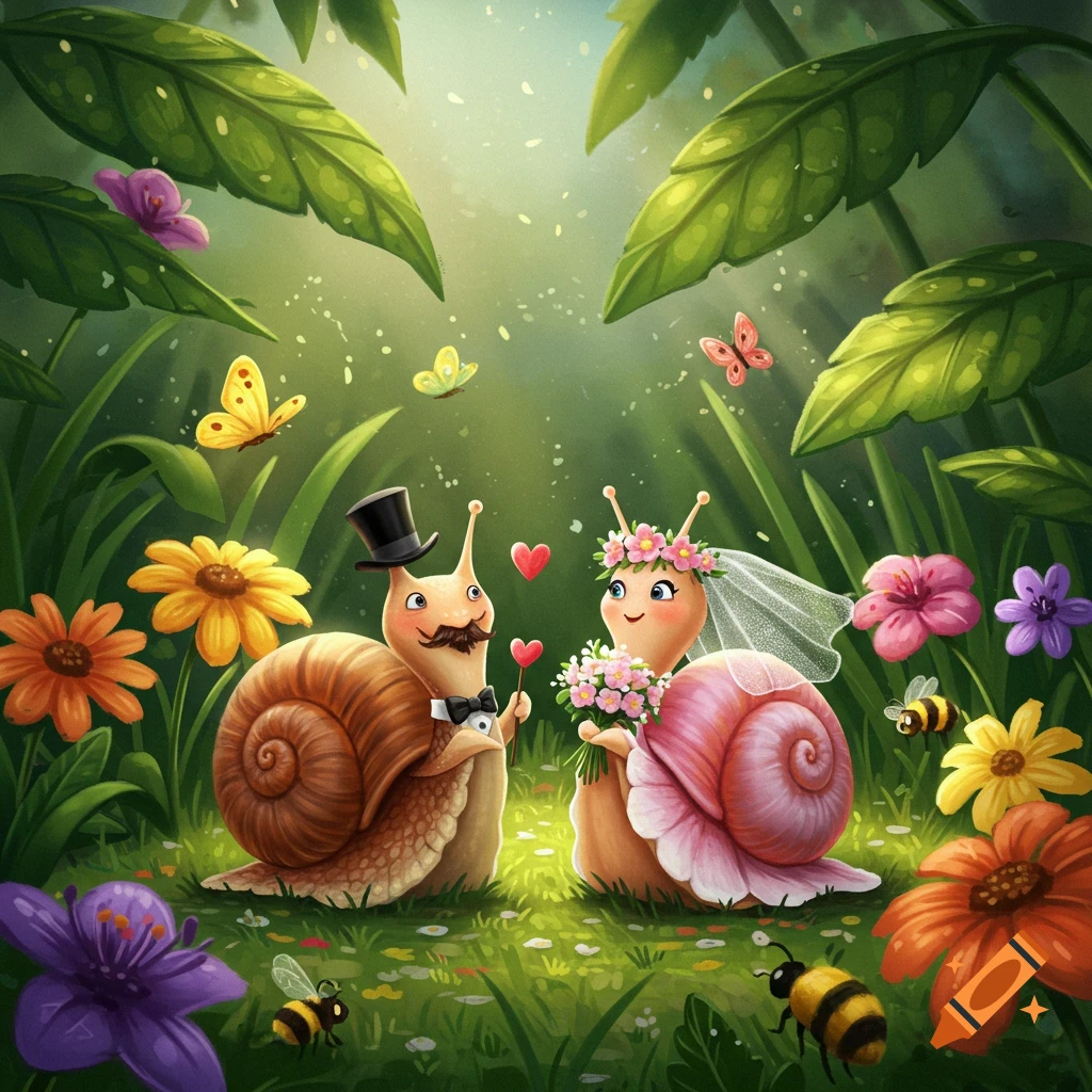 Two cartoon snails are getting married in a forest garden with flowers and butterflies.