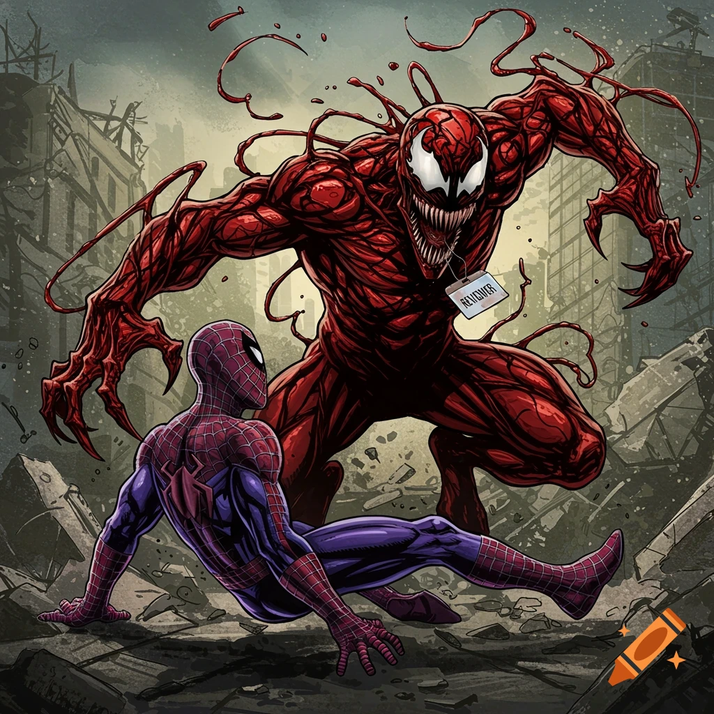In a comic book style, Carnage towers over and attacks Spider-Man in a ruined city.