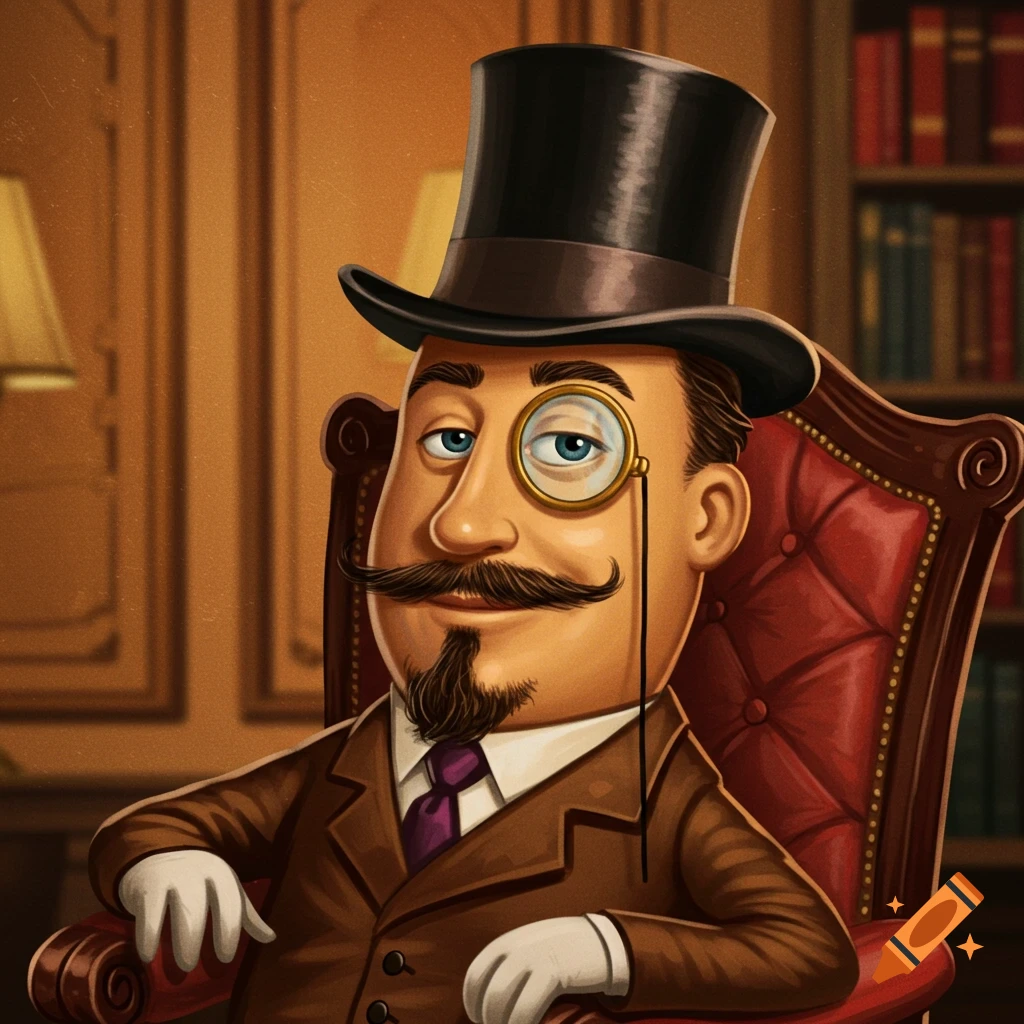 Cartoon portrait of a gentleman in a top hat and monocle sitting in an armchair