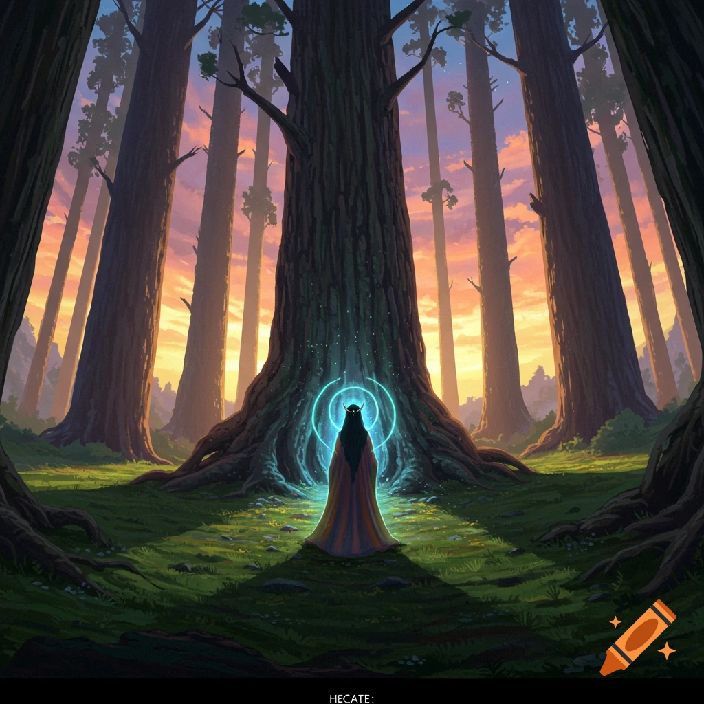 A figure with a glowing aura stands before a giant tree in a forest at sunset.