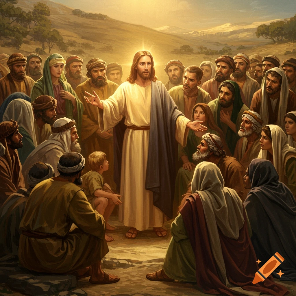 Image of Jesus speaking to a large crowd in a landscape