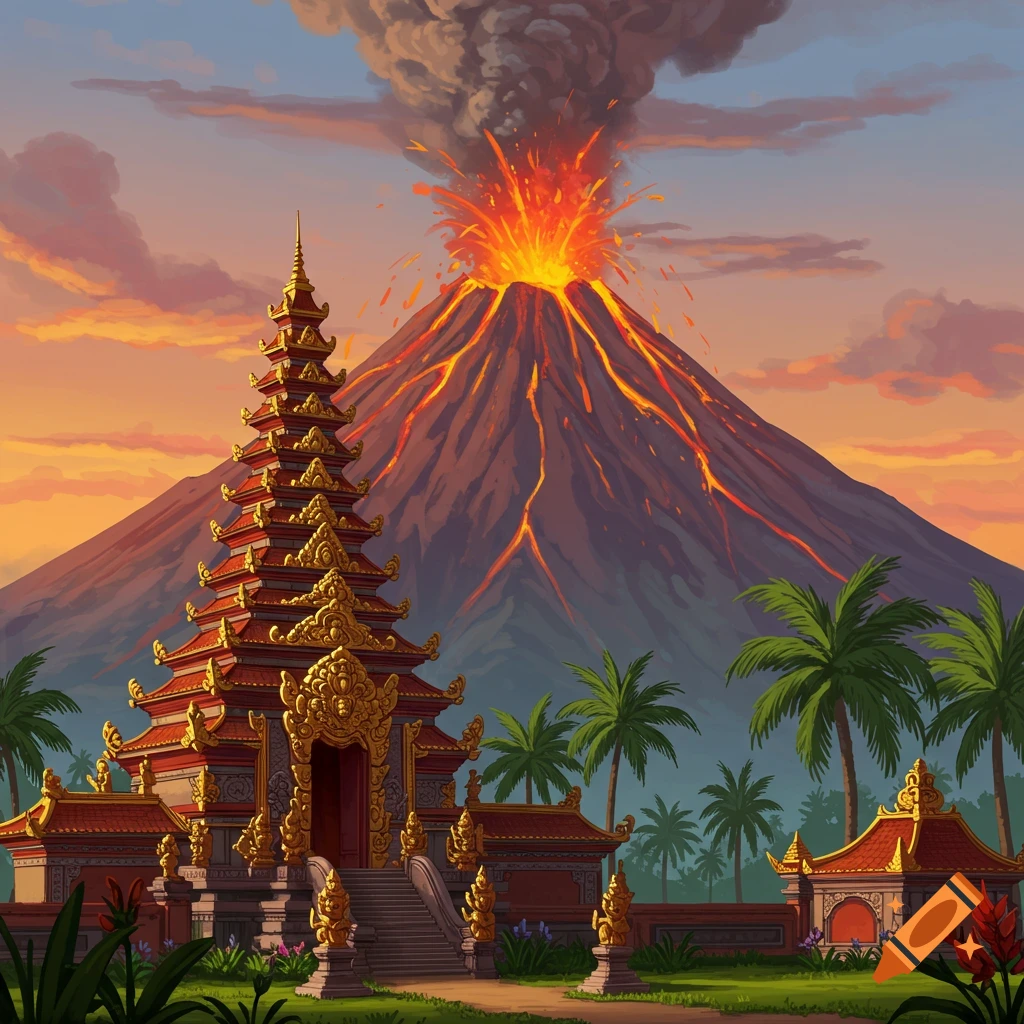 A temple in front of an erupting volcano with lava flows and palm trees under a colorful sky.