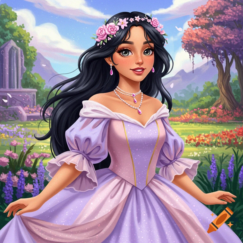 A princess in a purple dress and flower crown is in a lush fantasy garden.