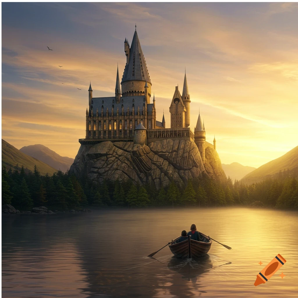A fantasy castle sits majestically on a cliff overlooking a serene lake at sunset. A lone boat is seen rowing towards the grand structure.