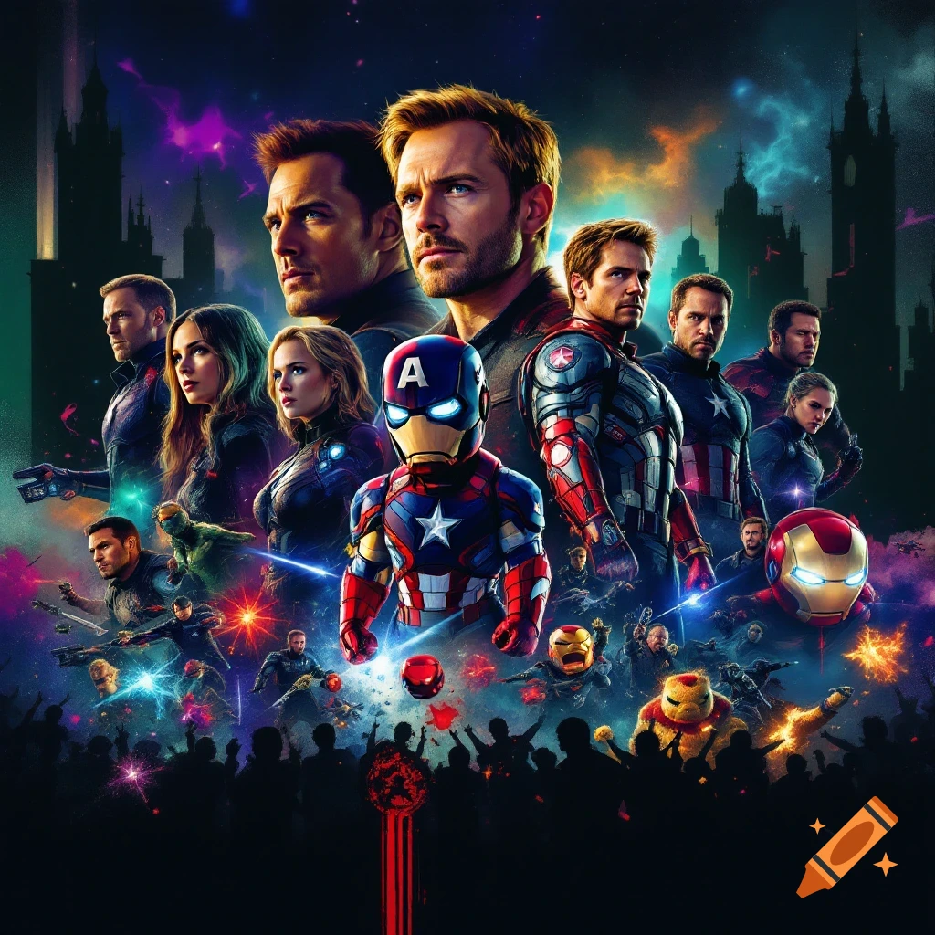 Dramatic movie poster style with superhero-like characters and figures against a city skyline.