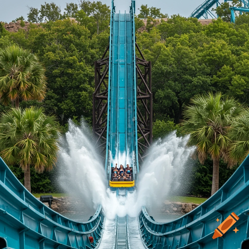 People on a water coaster splashing down a steep drop