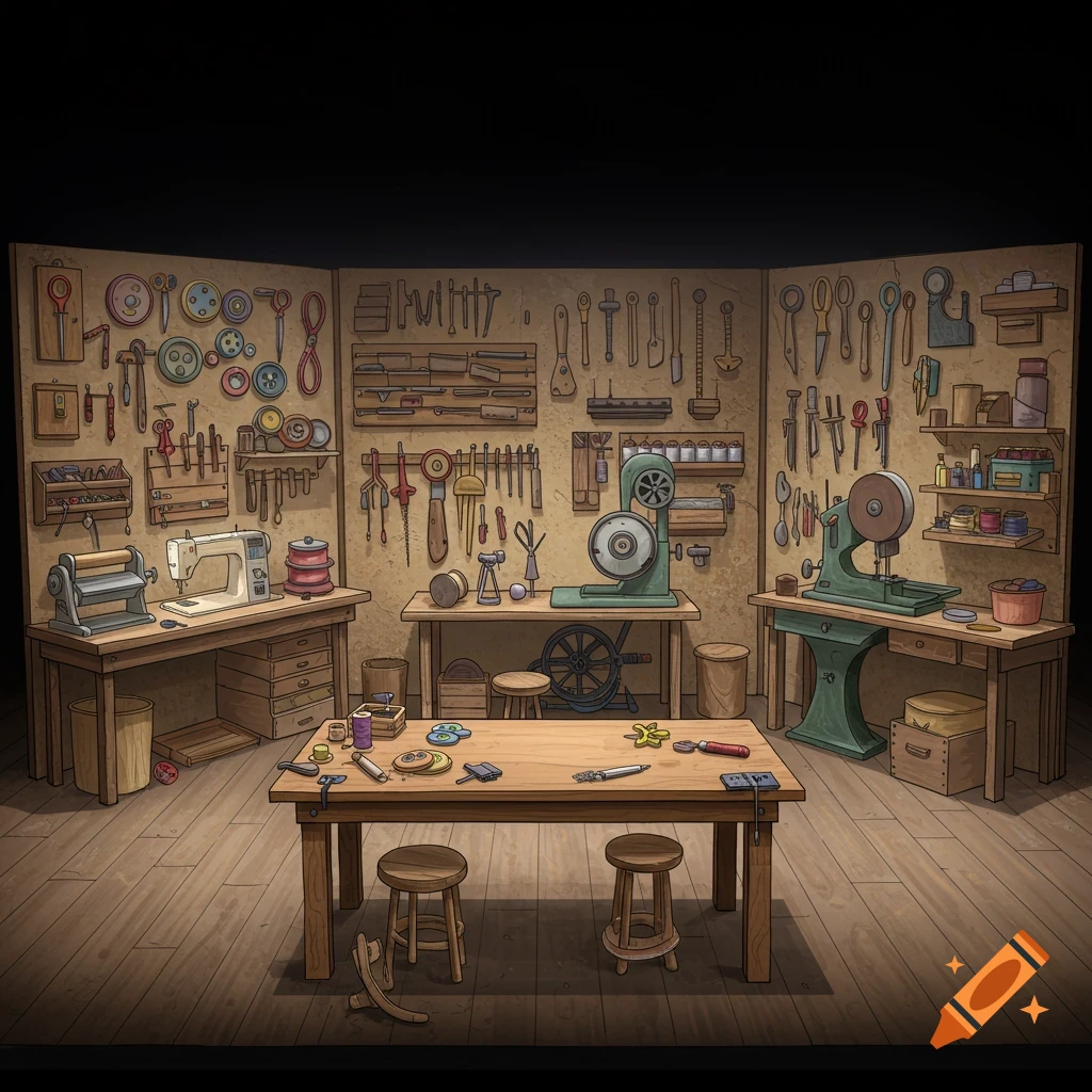 Illustration of a detailed toy or puppet workshop with sewing and woodworking tools on walls and workbenches, and a table in the center.
