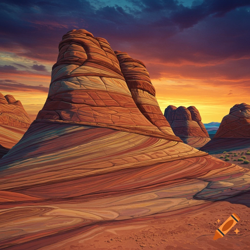 Layered rock formations at sunset in a desert.