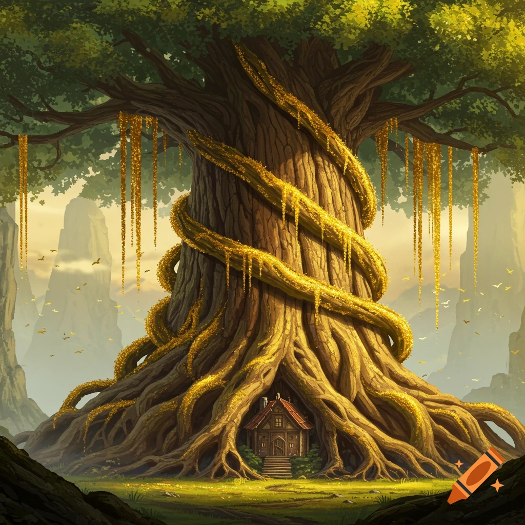 A massive, ancient tree with glowing golden vines and a small house nestled in its roots in a fantasy landscape.