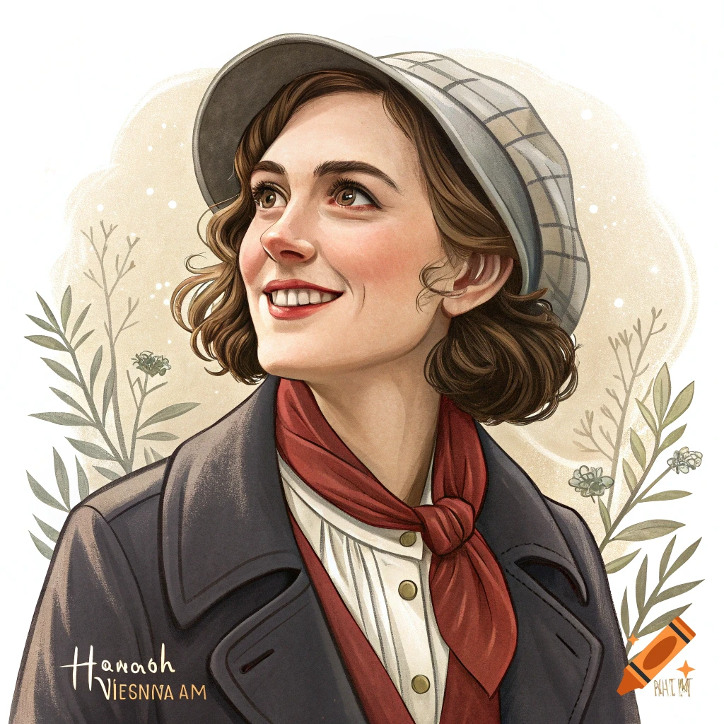 Illustration of a smiling woman in vintage clothing looking up
