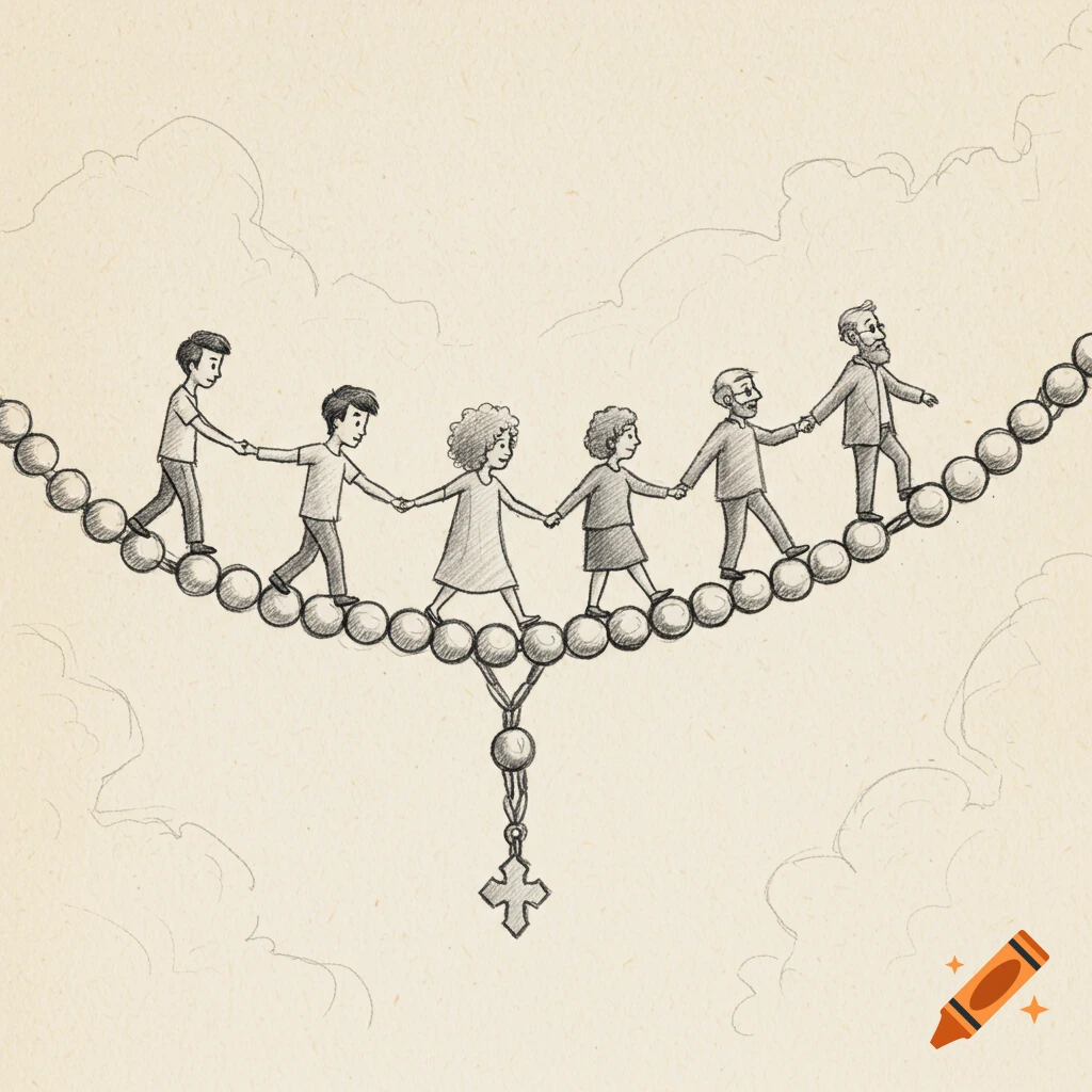 Sketch of people holding hands walking across a bridge made of a rosary with a cross.