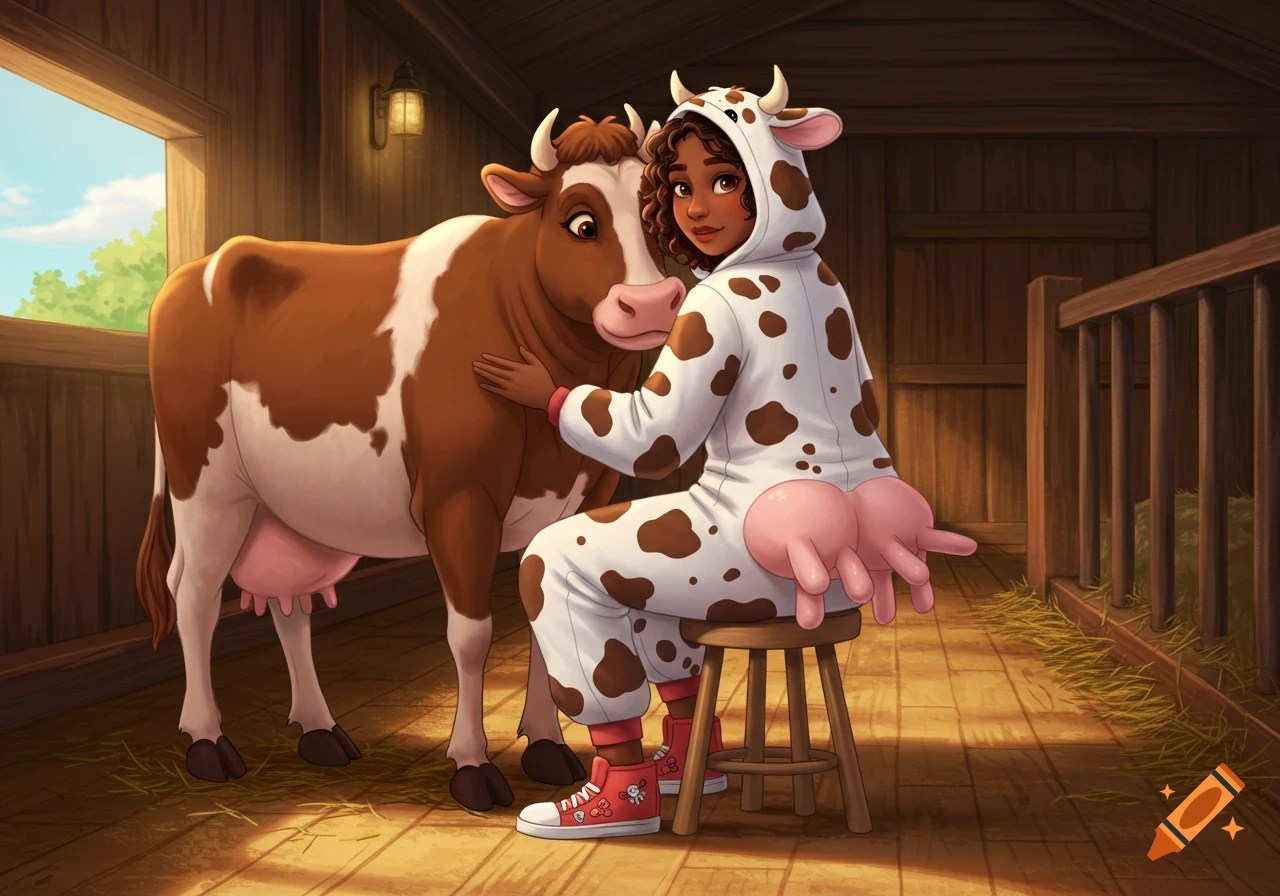 A person in a cow costume with plush udders hugs a cow in a barn, Disney Pixar style.