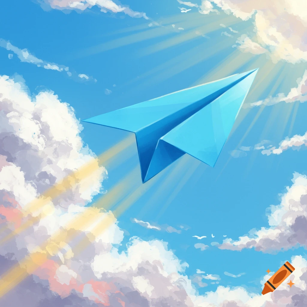 A blue paper airplane flies through a bright cloudy sky.