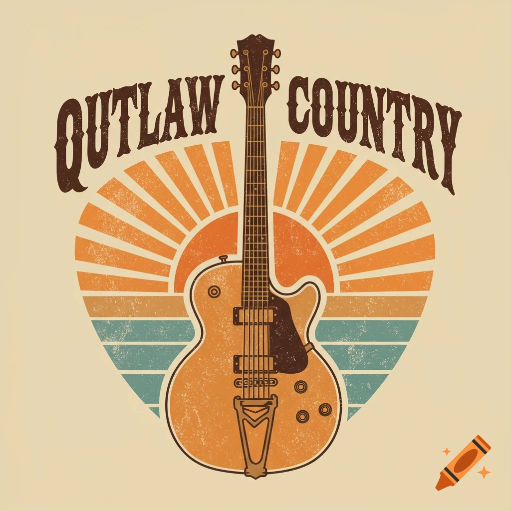 A retro-style logo features a guitar in front of a sunburst design with the words "OUTLAW COUNTRY" above it.
