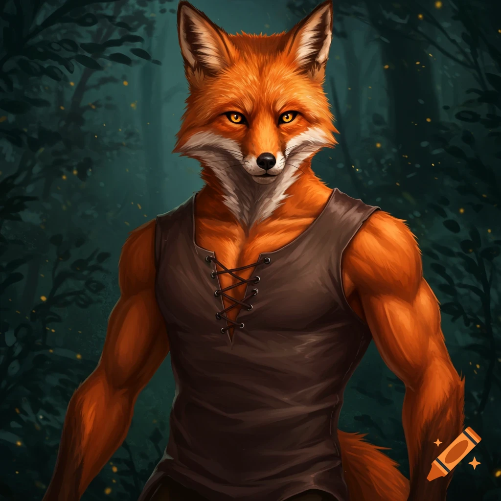 A muscular humanoid fox wearing a tank top in a dark forest setting.