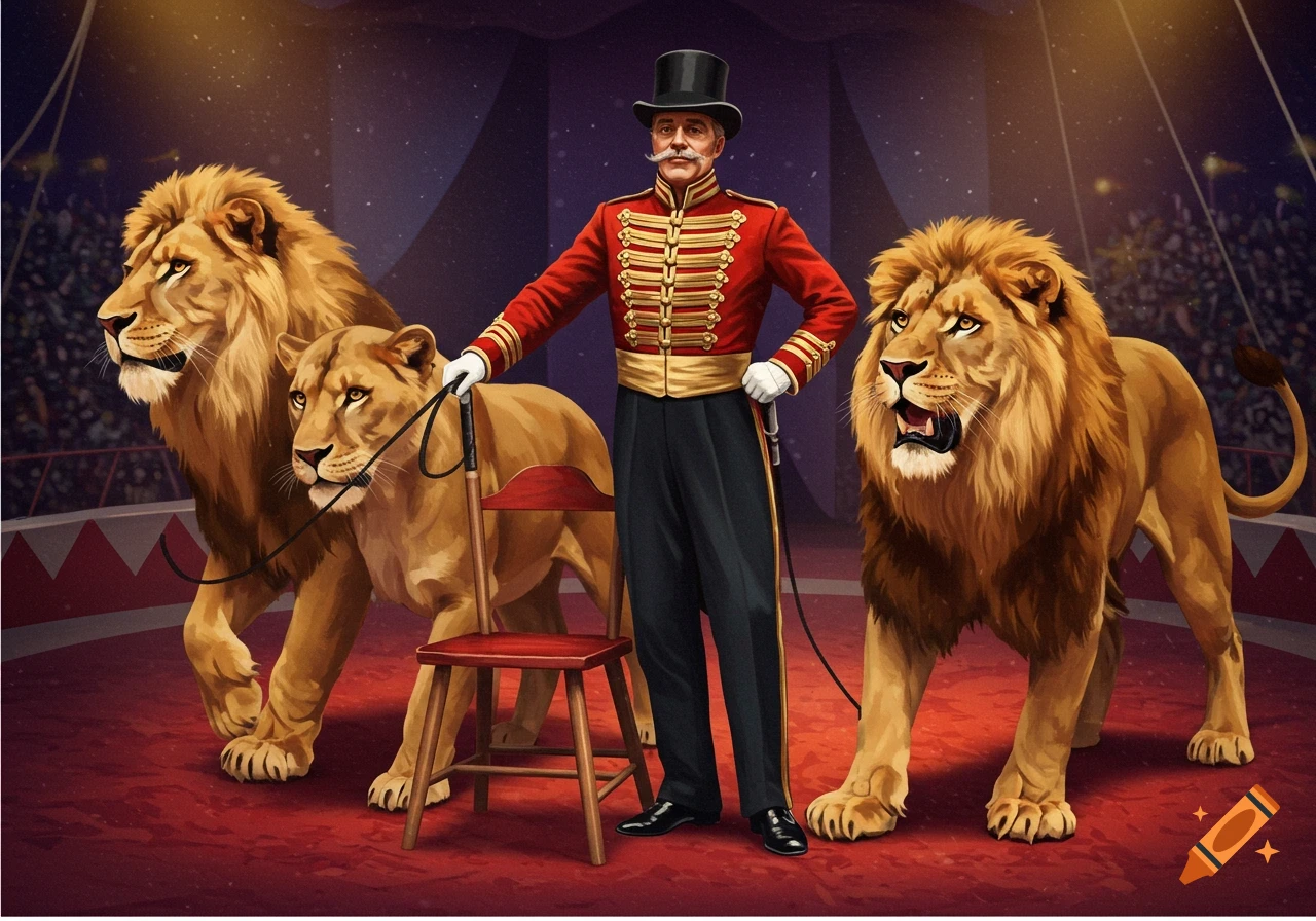 A lion tamer with two lions and a chair on a circus stage.