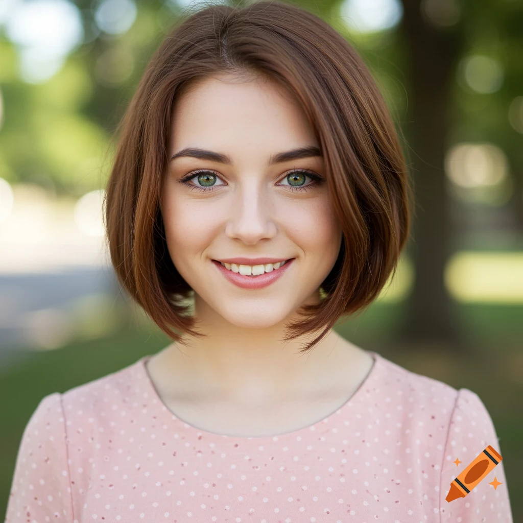 Smiling young woman with green eyes and a bob haircut in a pink polka dot dress, outdoor portrait.