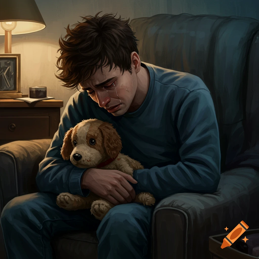 A young man sits and cries while hugging a stuffed toy dog.