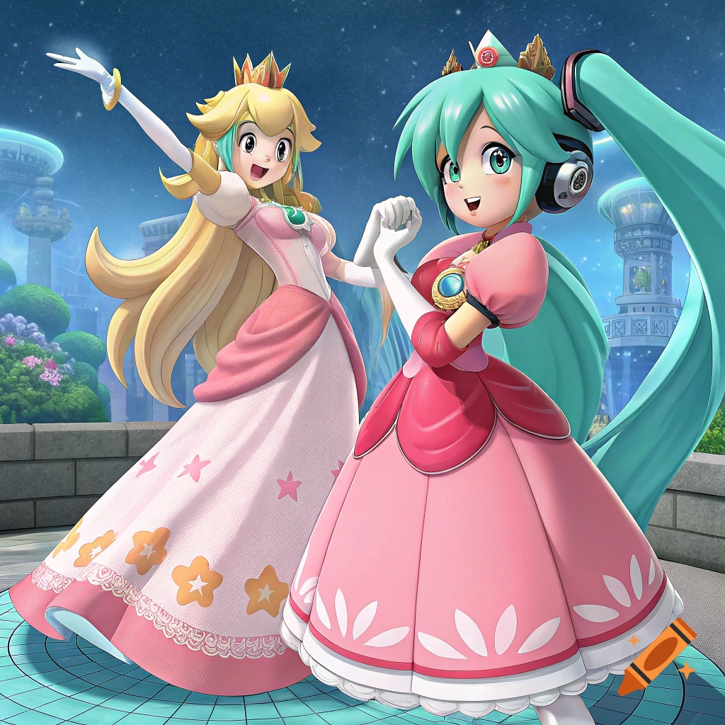 Hatsune Miku in a pink princess dress and Princess Peach in a pink princess dress stand together in an anime style