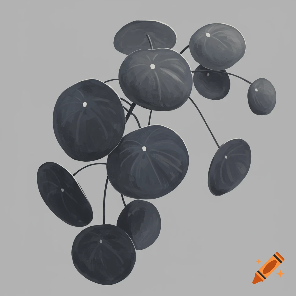 Abstract plant with dark, round, drooping leaves on a light grey background in a minimalist style.