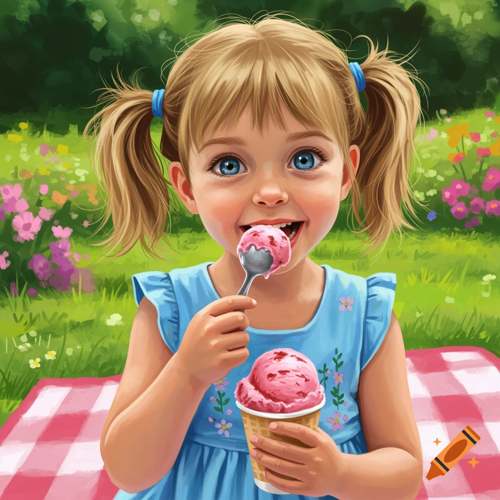 A young girl eating ice cream on a picnic blanket in a garden.