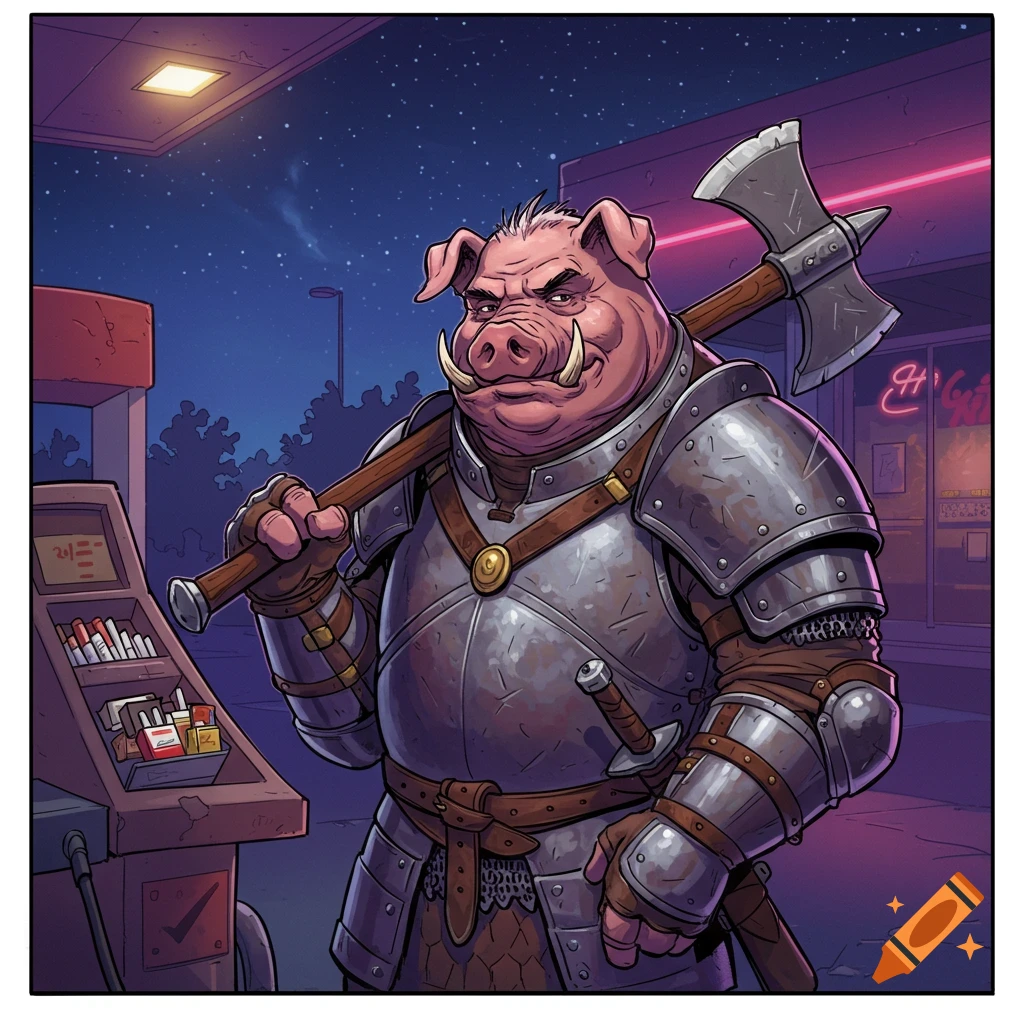 Anthropomorphic pig warrior with an axe at a gas station.