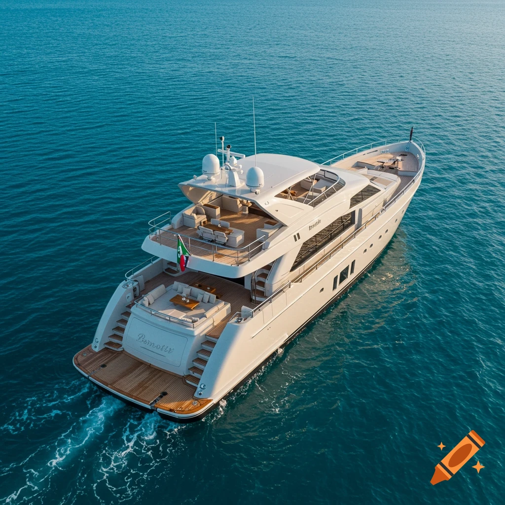 Aerial view of a white yacht sailing on blue water at golden hour.