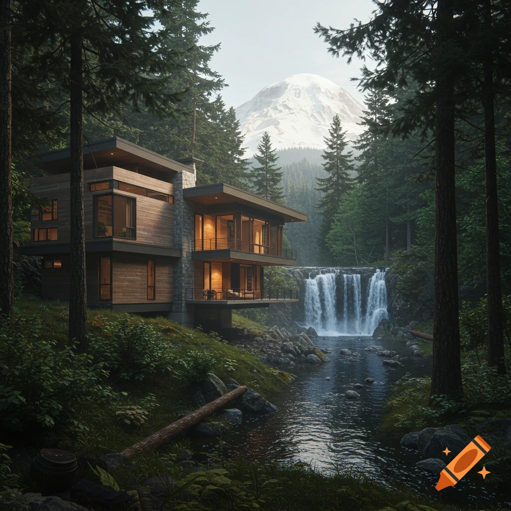A modern house in a forest setting with a waterfall and distant snowy mountain.