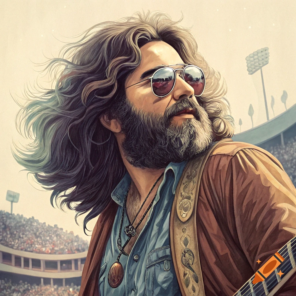 Illustrated portrait of a man with long hair, beard, and sunglasses playing guitar in a stadium