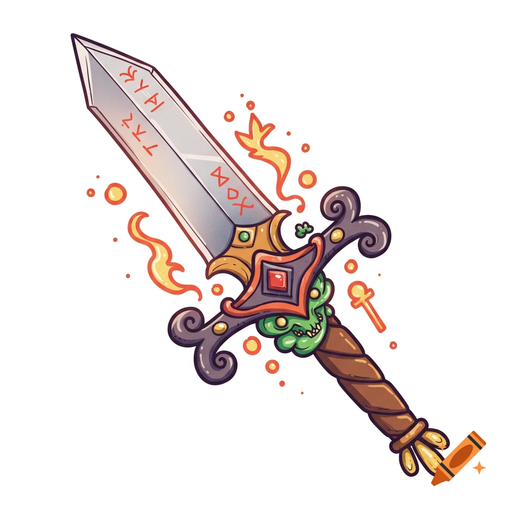 A whimsical cartoon drawing of a fantasy sword with runes, slime, and swirling flames.