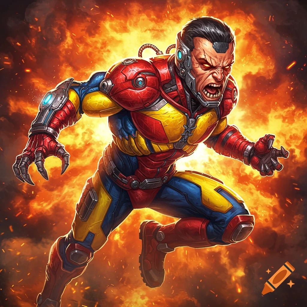 Muscular character in a red, blue, and yellow armored suit with claws and glowing eyes lunges forward against a fiery explosion background.